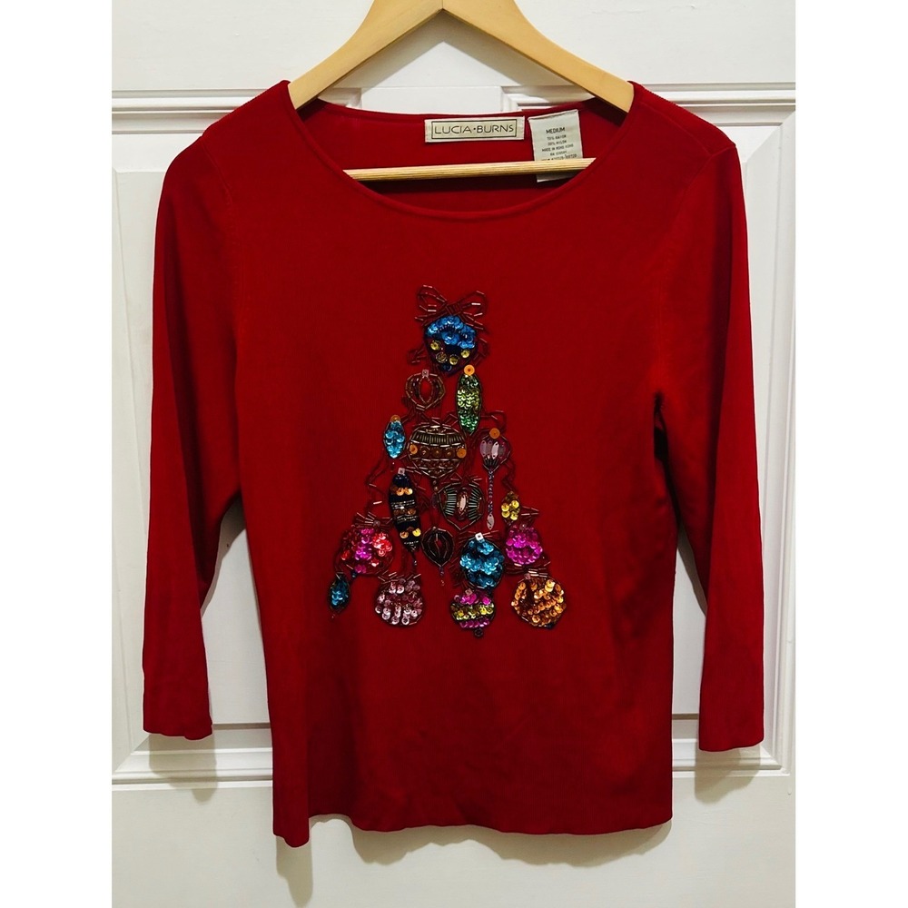 Lucia Burns Red Christmas Tree Sweater Size Medium Long Sleeve